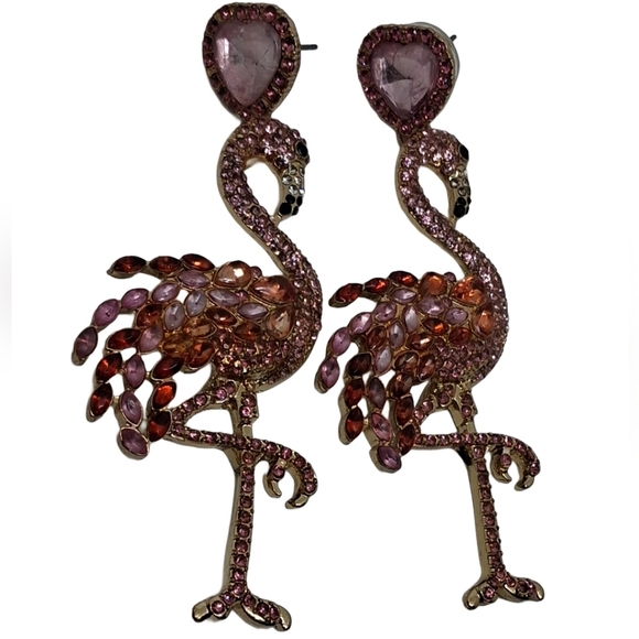 PINK FLAMINGO CRYSTAL DROP STATEMENT EARRINGS - Picture 3 of 6
